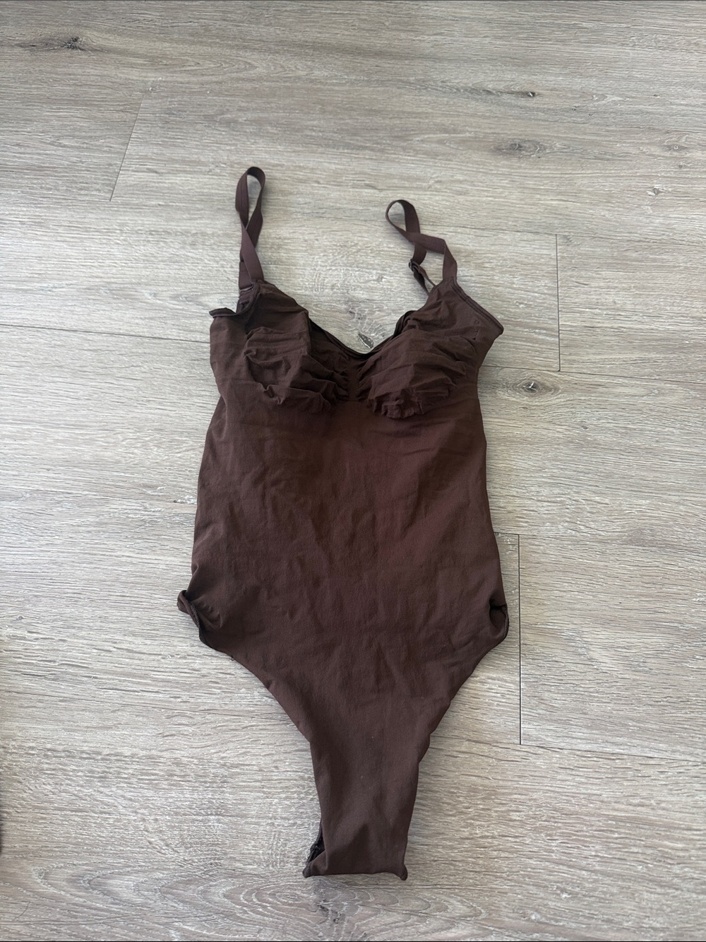 SKIMS Brown Ruffled Bust One-Piece Bodysuit